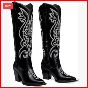 Women's Knee High Western Boots with Chunky Heel, Pointed Toe, Wide Calf